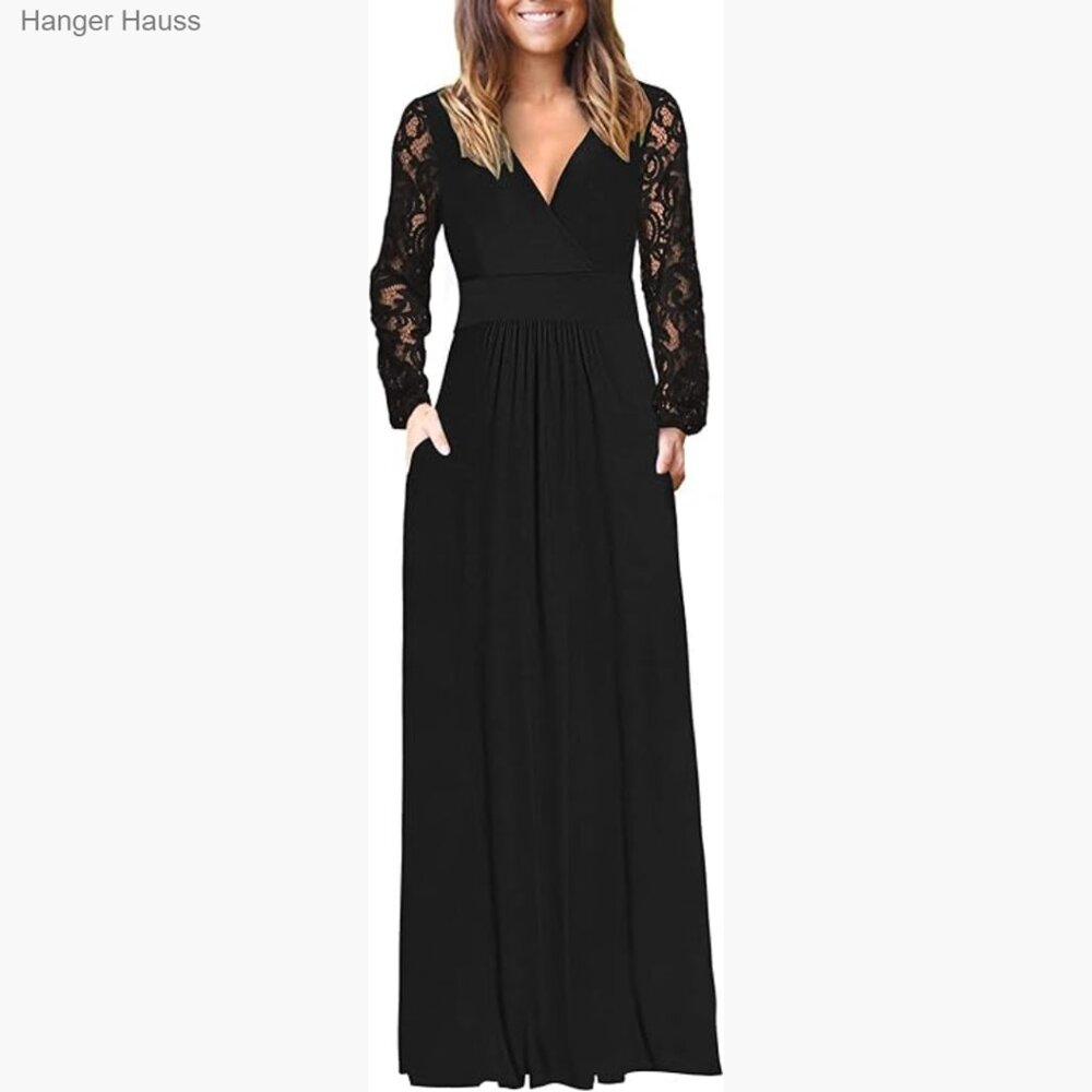 Long Sleeve Maxi Dress with Lace, V-Neck, Wrap Waist, Pockets